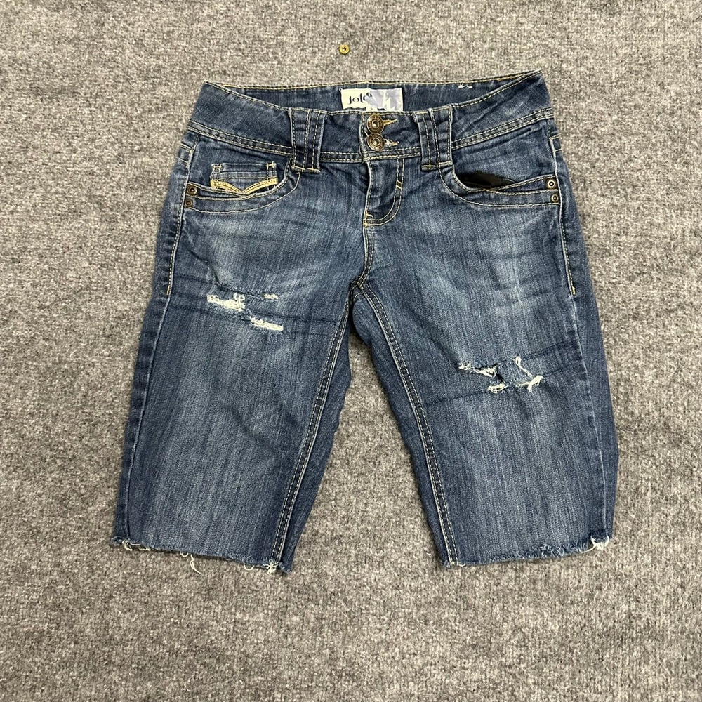 Jolt Denim Shorts Womens Size 5 Blue Distressed Bermuda Raw Hem Embroidered Y2K